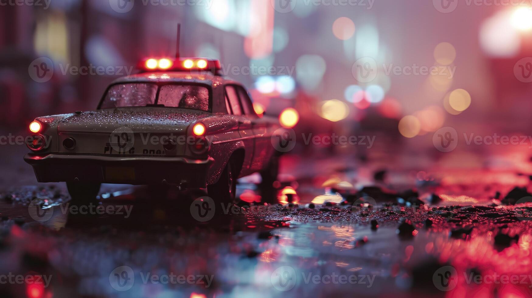 ai gegenereerd idee voor een actie film. Aan een mistig, donker achtergrond, Politie auto's en een miniatuur film zijn weergegeven. een 's nachts achtervolging door een Politie kruiser. ongeluk Bij de misdrijf tafereel foto