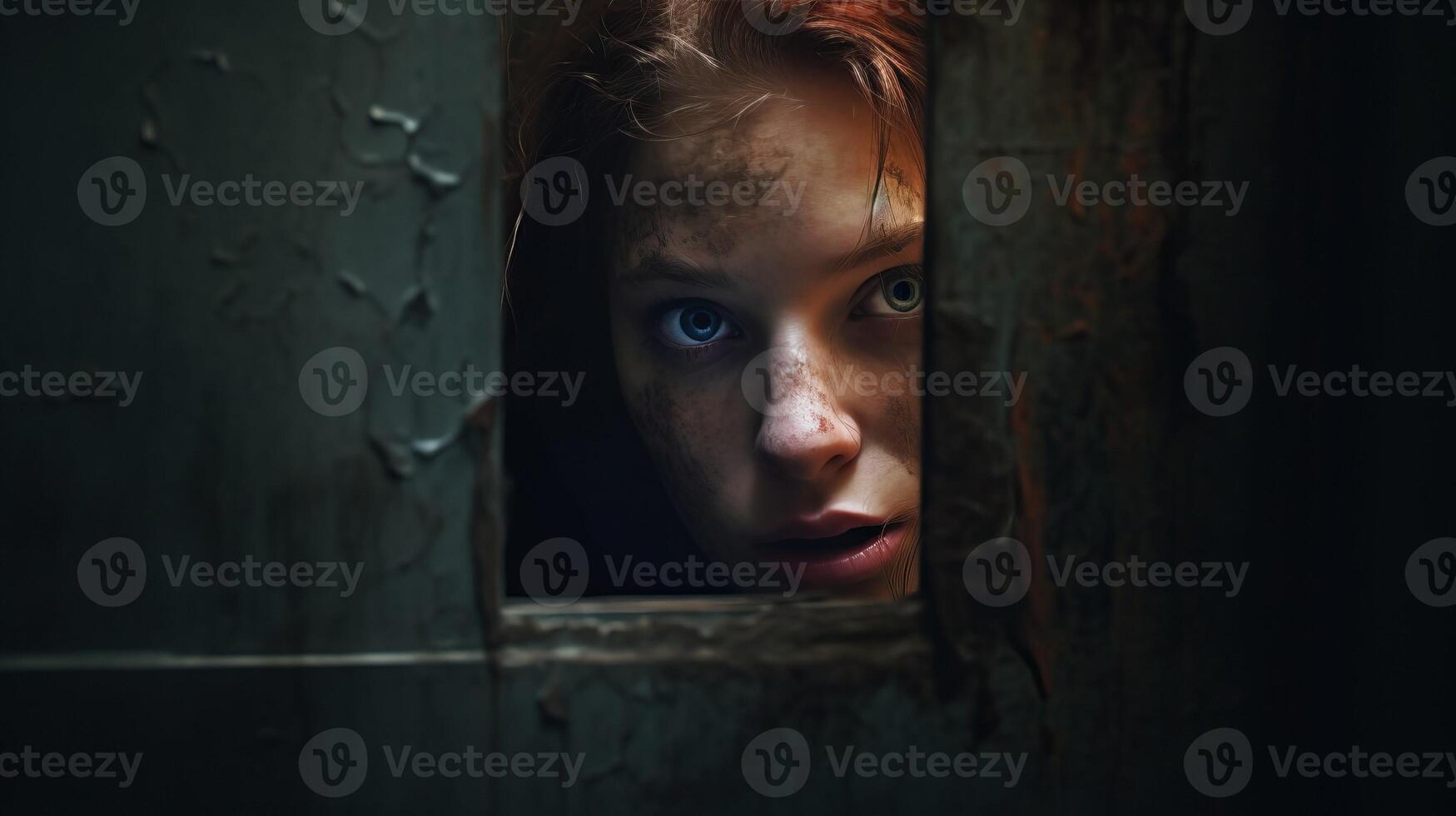 ai gegenereerd jong vrouw geërgerd blik van klein gat in muur, gevulde met angst en wanhoop in haar ogen foto