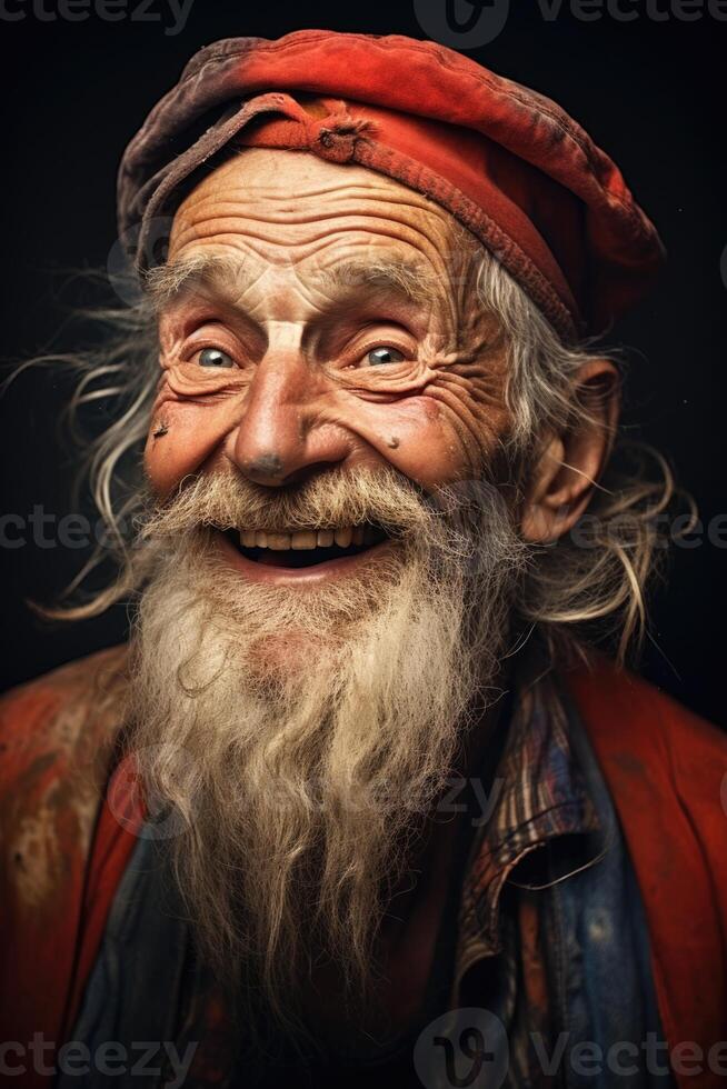 ai gegenereerd portret van een grappig oud Mens met een baard Aan een zwart achtergrond foto