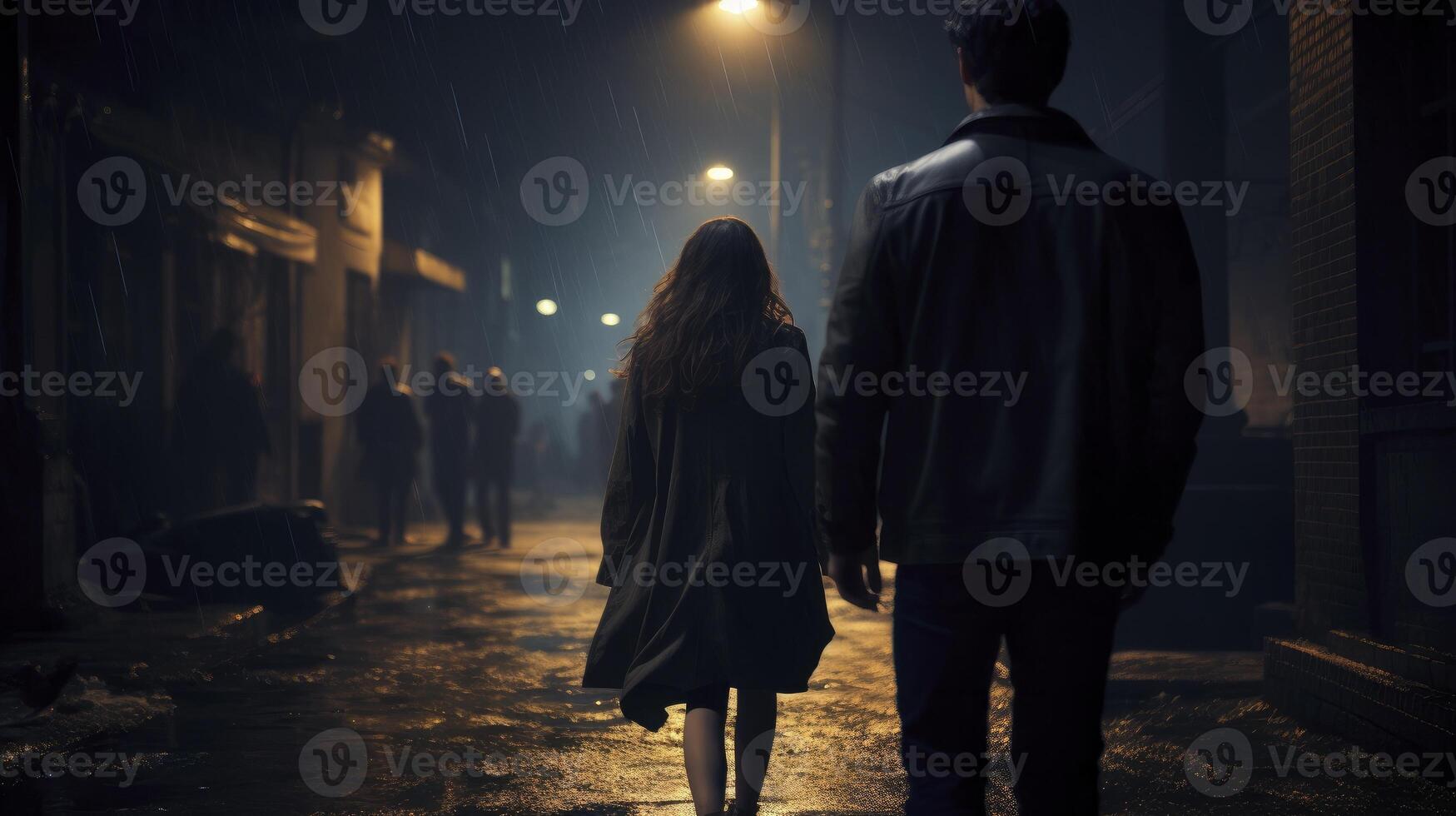 ai gegenereerd Mens in aansluiting op vrouw in donker straat Bij nacht. concept voor misdrijf, stalken en seksueel aanval foto