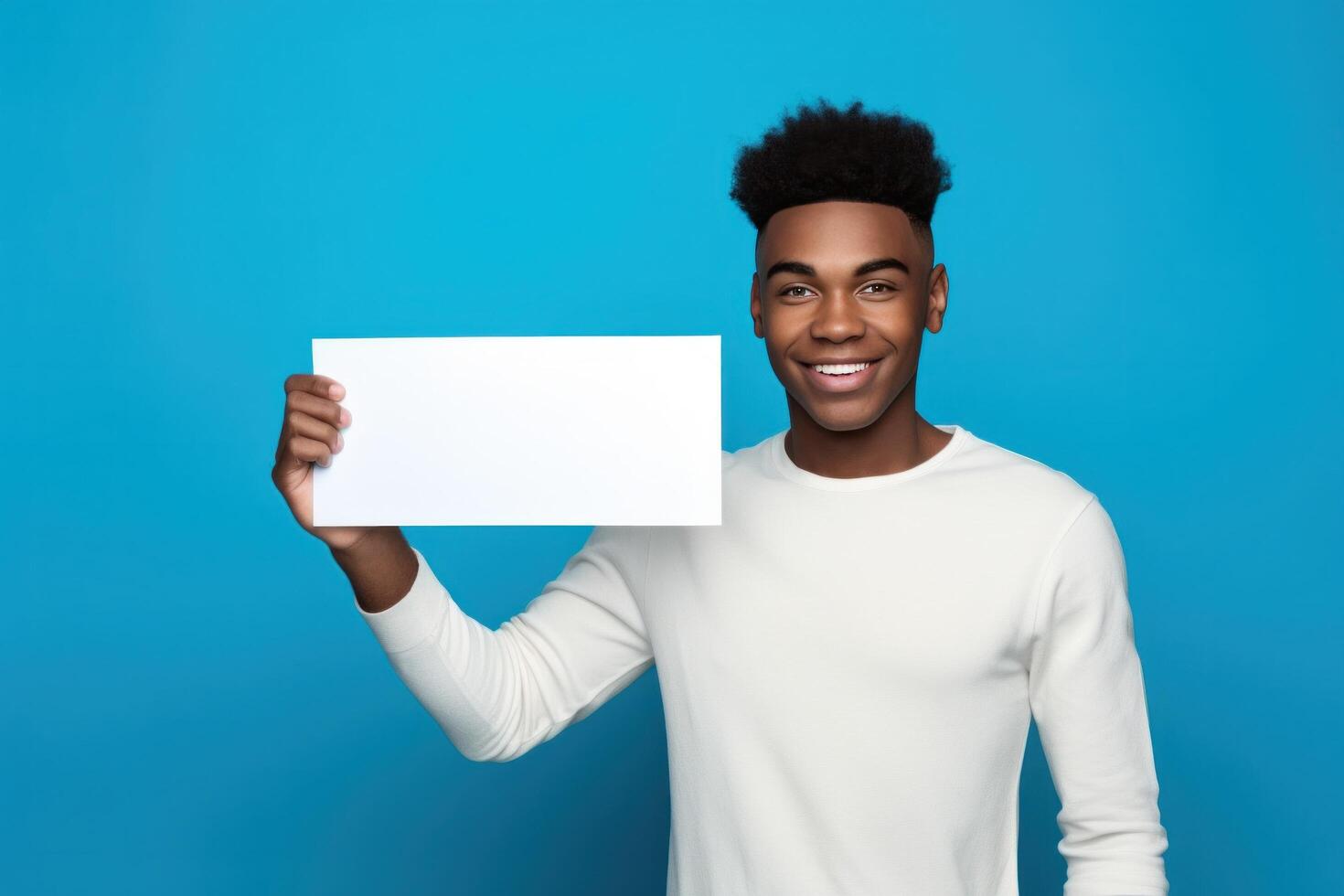ai gegenereerd jong zwart Mens Holding een Bill bord Aan blauw achtergronden foto
