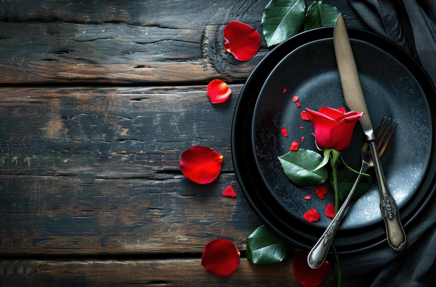 ai gegenereerd Valentijn voedsel, borden, vork, mes en roos foto