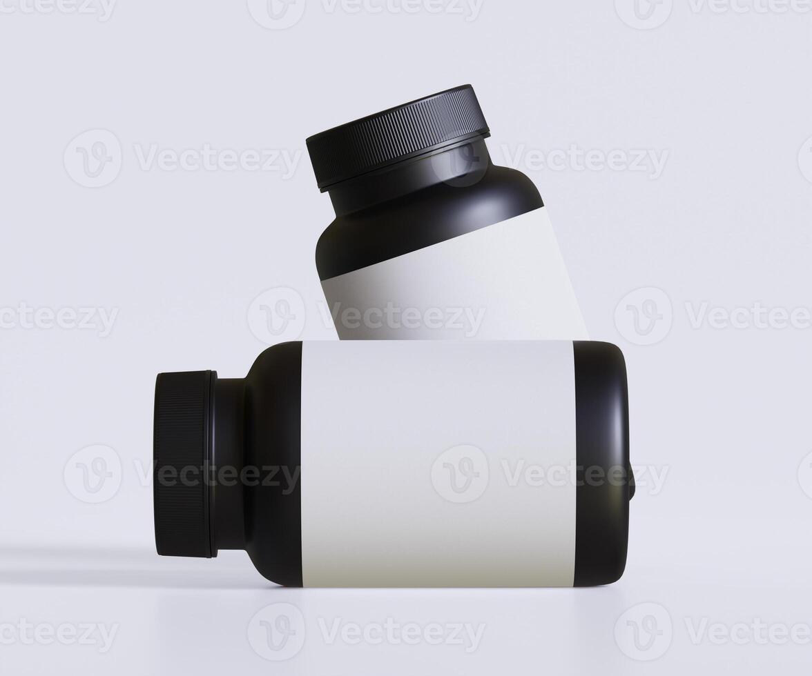 zwart pil fles wit etiket voor mockup verzameling. illustratie 3d weergave, perfect voor medisch, kunstmatig, eiwit, apotheek producten en enz foto