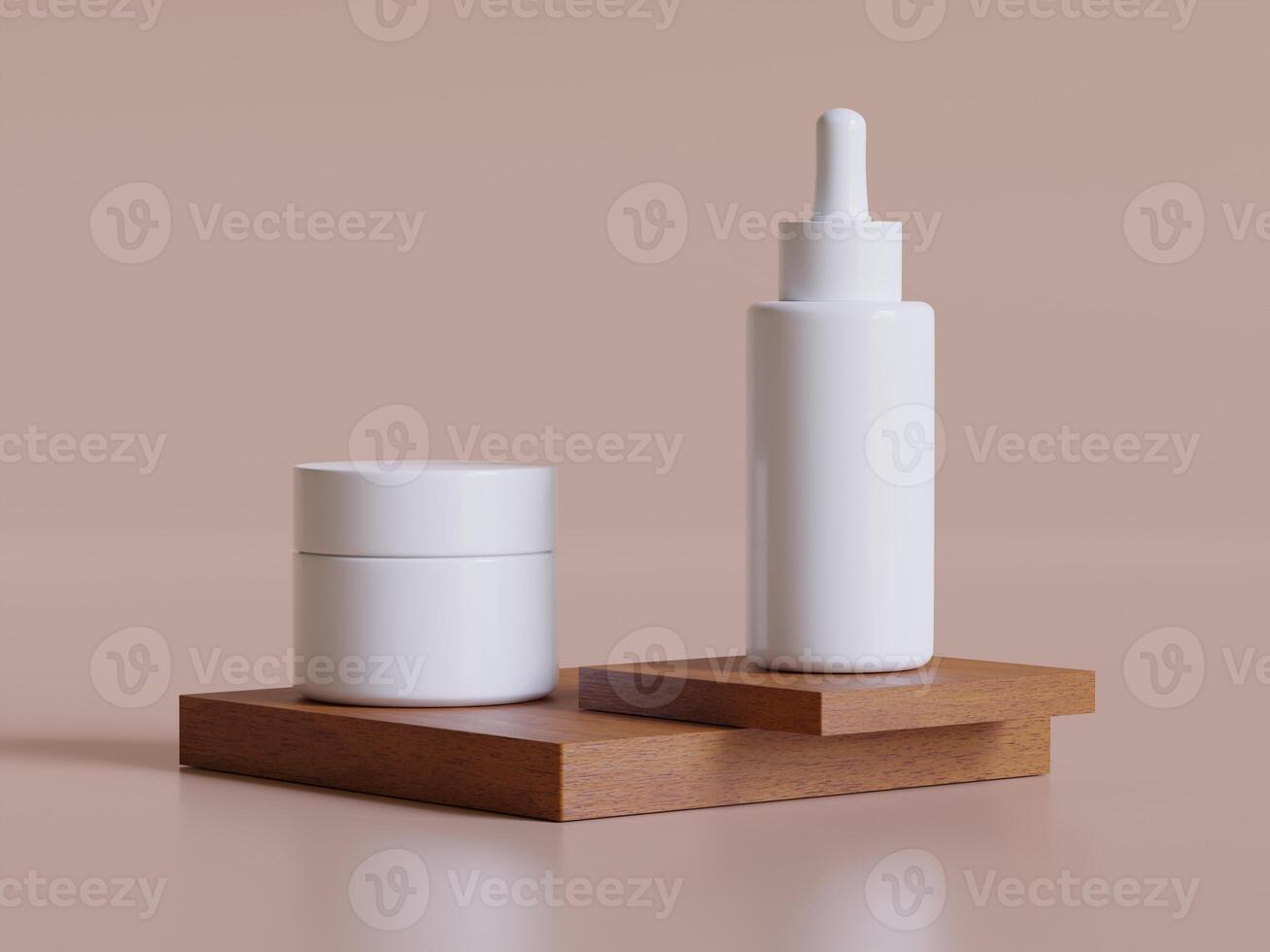 realistisch kunstmatig verpakking, schoonheid Product houder set, plastic fles illustratie blanco. verstuiven fles, room buis en pot mockup verzameling Aan de podium 3d. Doorzichtig spa hygiëne voorwerp foto