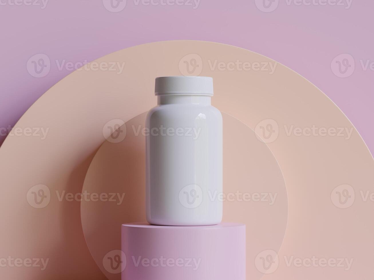 realistisch kunstmatig verpakking, schoonheid Product houder set, plastic fles illustratie blanco. verstuiven fles, room buis en pot mockup verzameling Aan de podium 3d. Doorzichtig spa hygiëne voorwerp foto