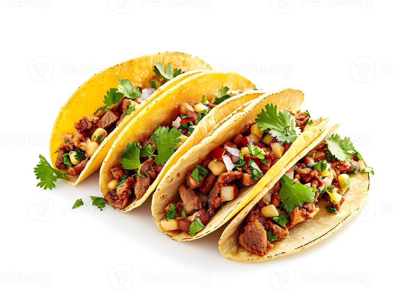 ai gegenereerd meerdere taco's aan het liegen een door een geïsoleerd Aan een wit achtergrond. traditioneel Mexicaans straat voedsel. hoge resolutie. ai generatief foto