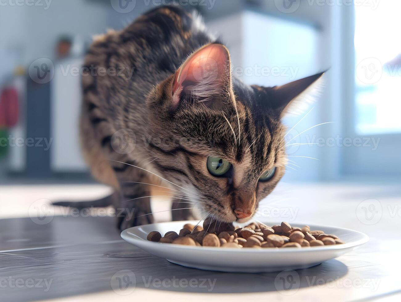 ai gegenereerd een bruin kat eet kat voedsel in een licht helder kamer. hoog kwaliteit. ai generatief foto