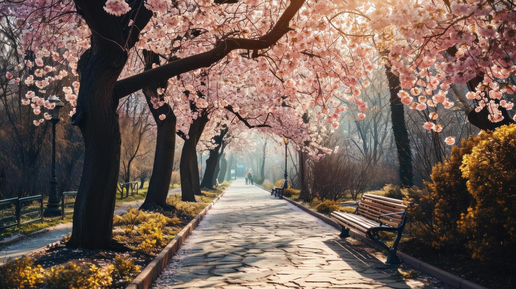 ai gegenereerd vredig wandeling onder een luifel van bloeiend kers bloesems foto