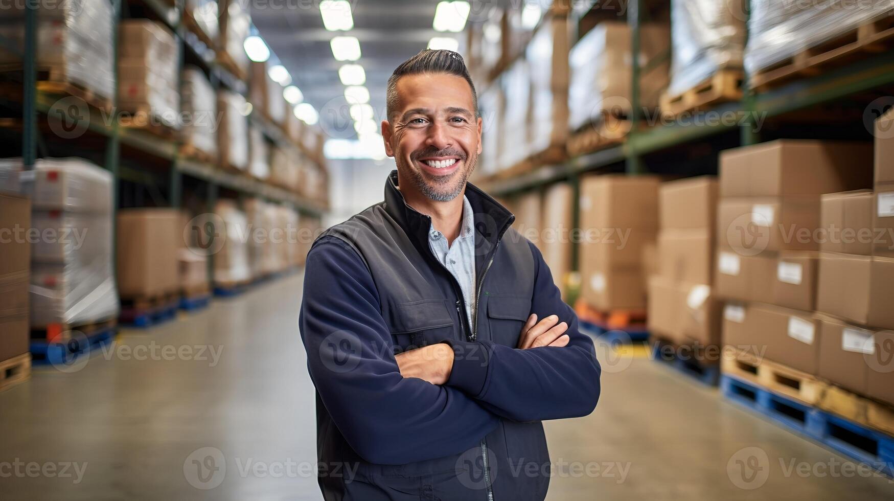 ai gegenereerd magazijn Verzending manager staand in voorkant van magazijn - ai gegenereerd foto