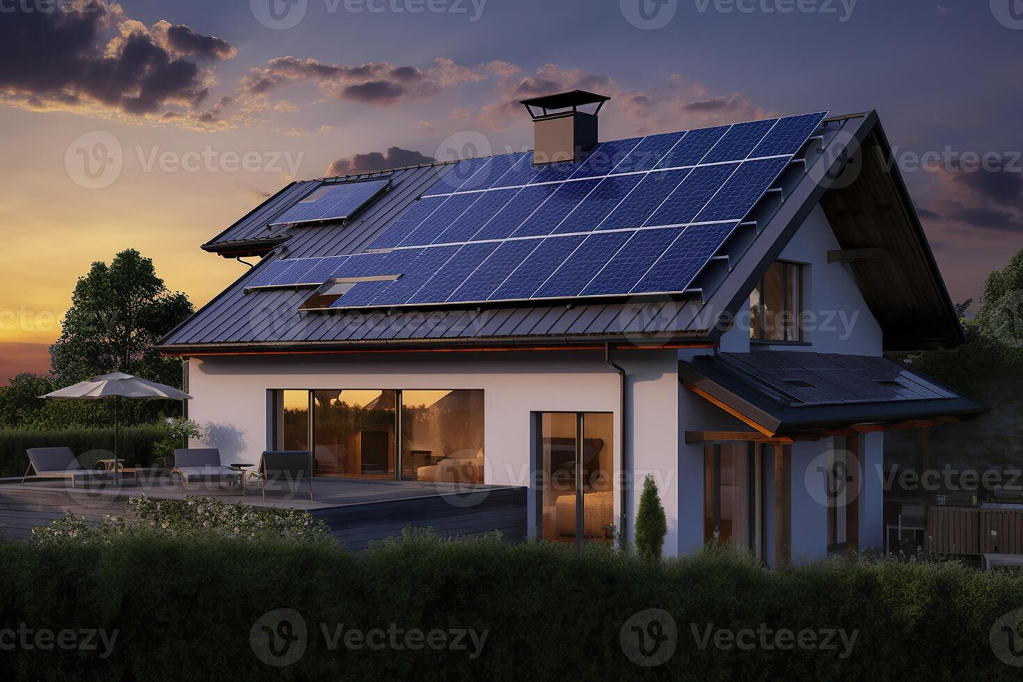 ai gegenereerd modern huis met blauw zonne- panelen Aan de dak. einde van de dag, zonsondergang. ai gegenereerd foto