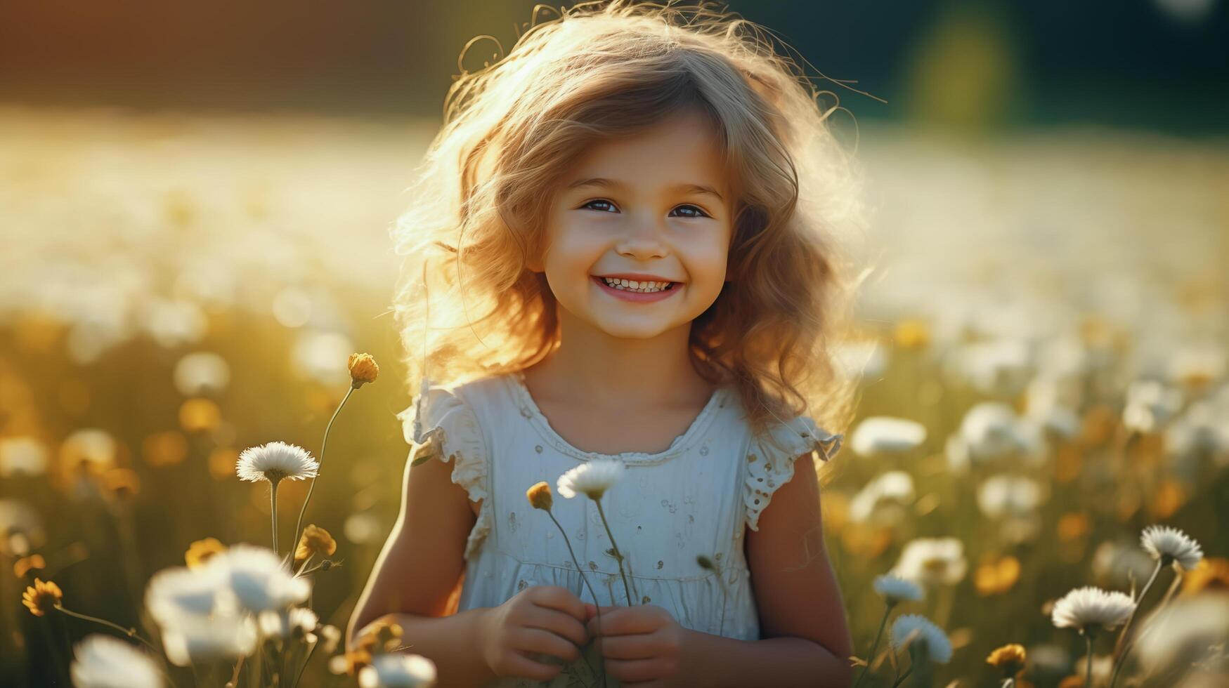 ai gegenereerd gelukkig schattig weinig meisje in de bloeiende weide Aan een zonnig zomer dag. generatief ai. foto