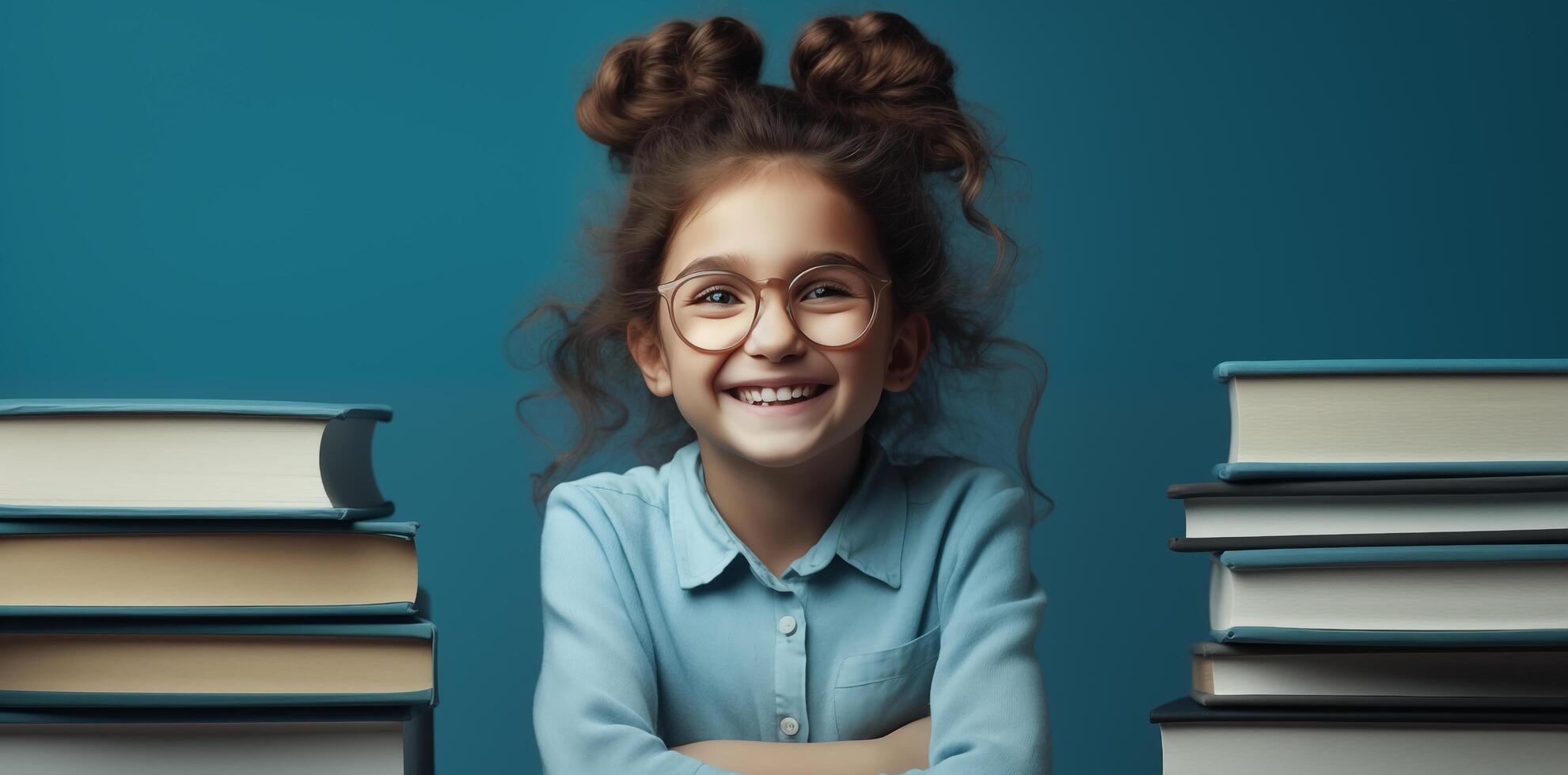 ai gegenereerd gelukkig schattig weinig meisje Aan een blauw achtergrond met boeken. generatief ai. foto