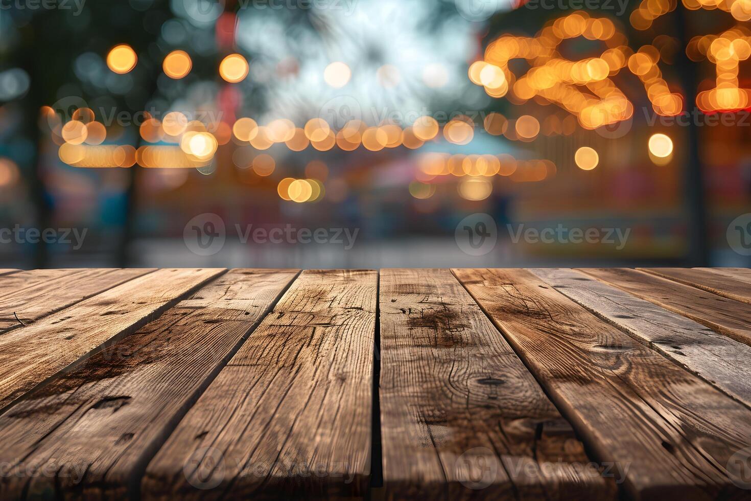 ai gegenereerd leeg tafel met wazig amusement park in achtergrond foto