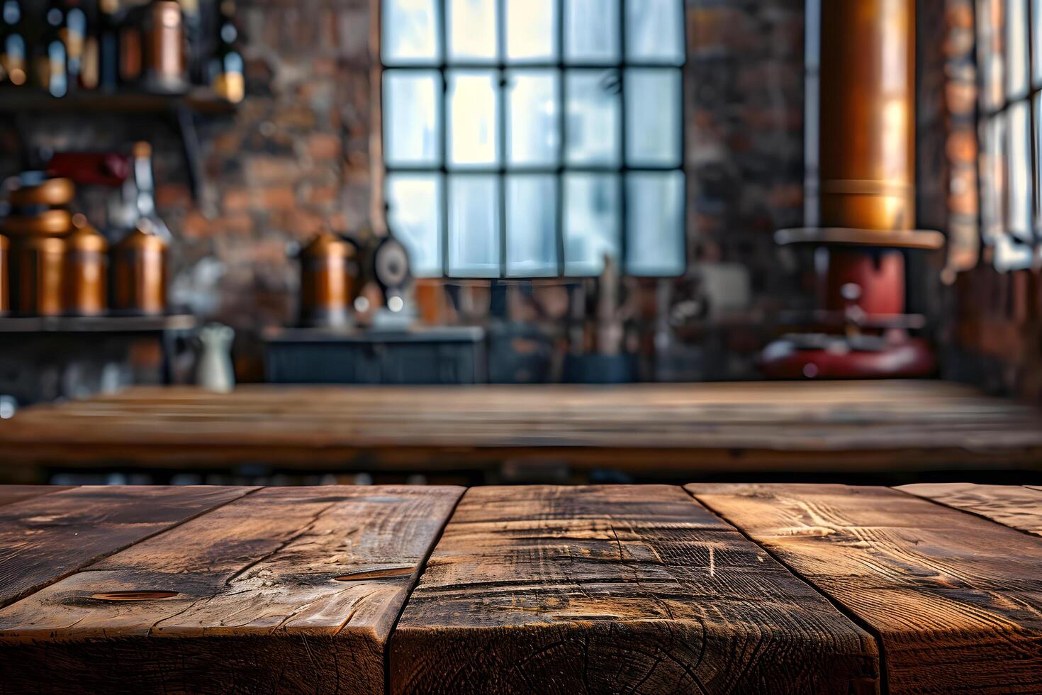 ai gegenereerd leeg tafel met vervagen oud fabriek wijnoogst fabriek tafereel achtergrond foto