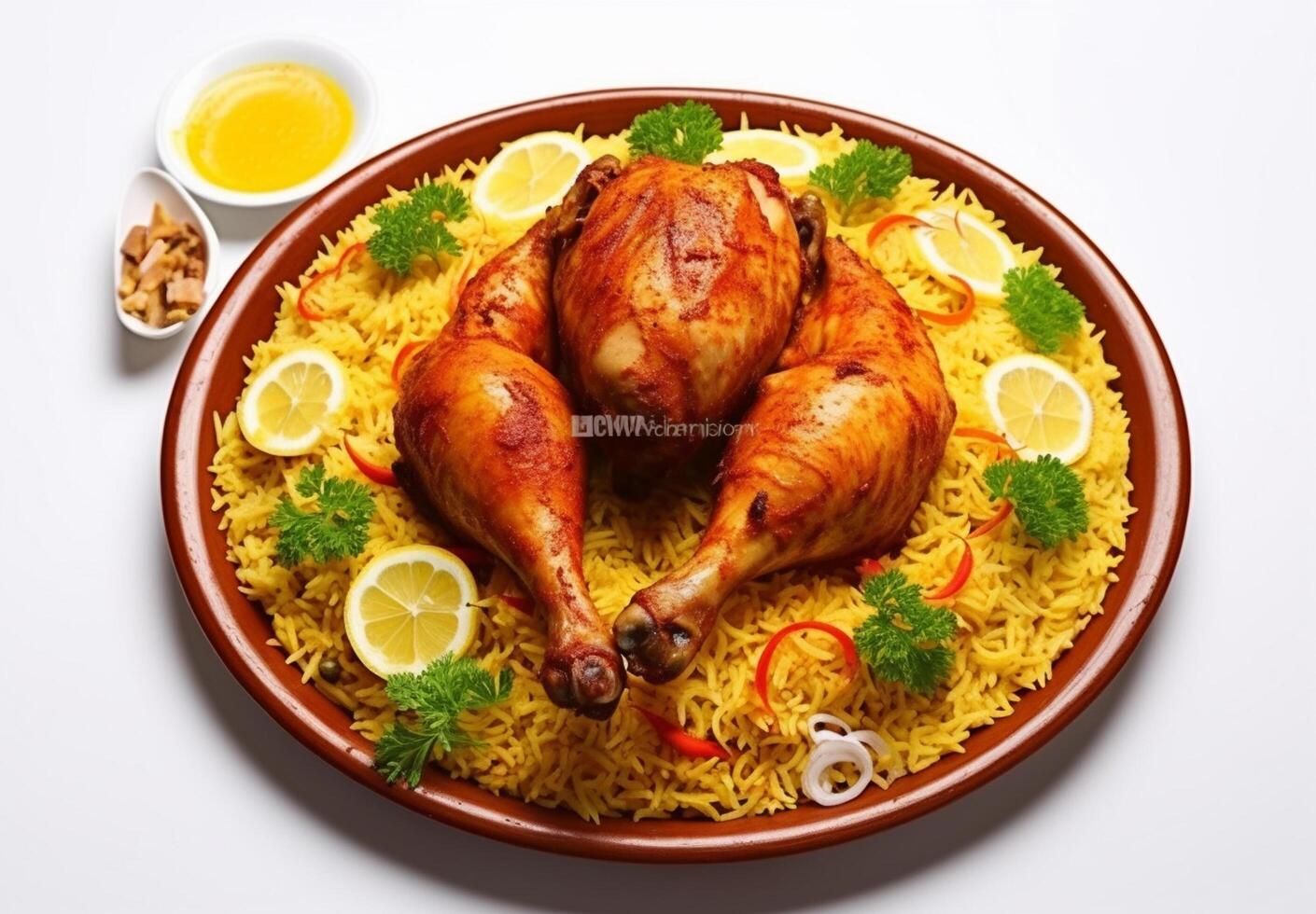 ai gegenereerd een bord van voedsel met een kip en rijst- schotel Aan het foto