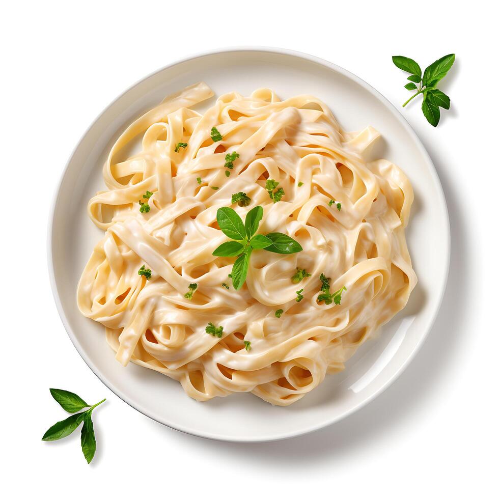 ai gegenereerd top visie fettucine met Alfredo saus Aan wit achtergrond foto