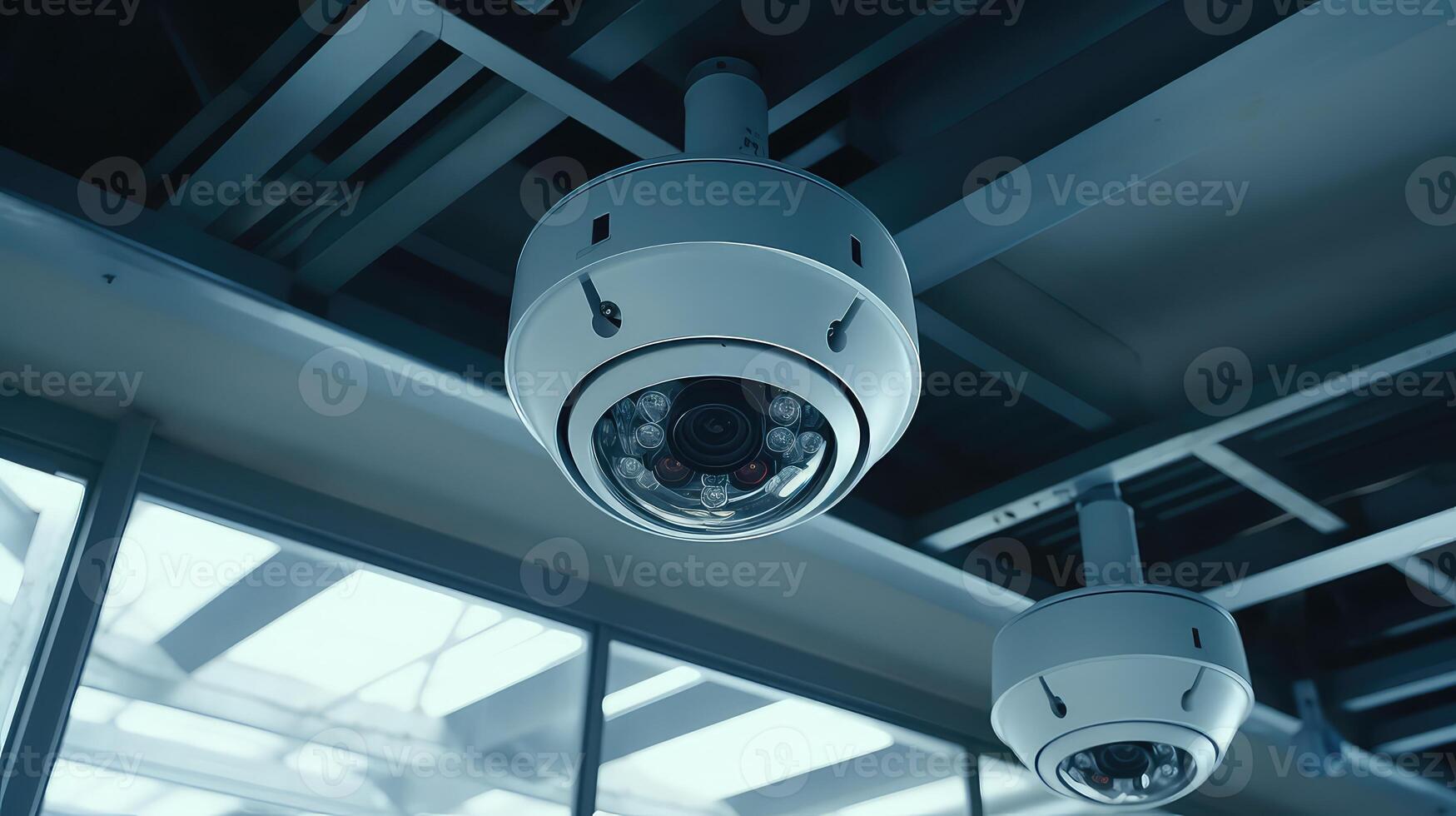 ai gegenereerd cctv veiligheid camera in kantoor gebouw achtergrond foto