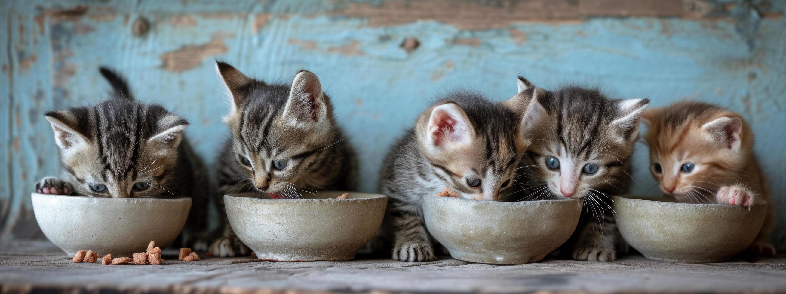 ai gegenereerd zes klein kittens eten voedsel uit van een kom foto