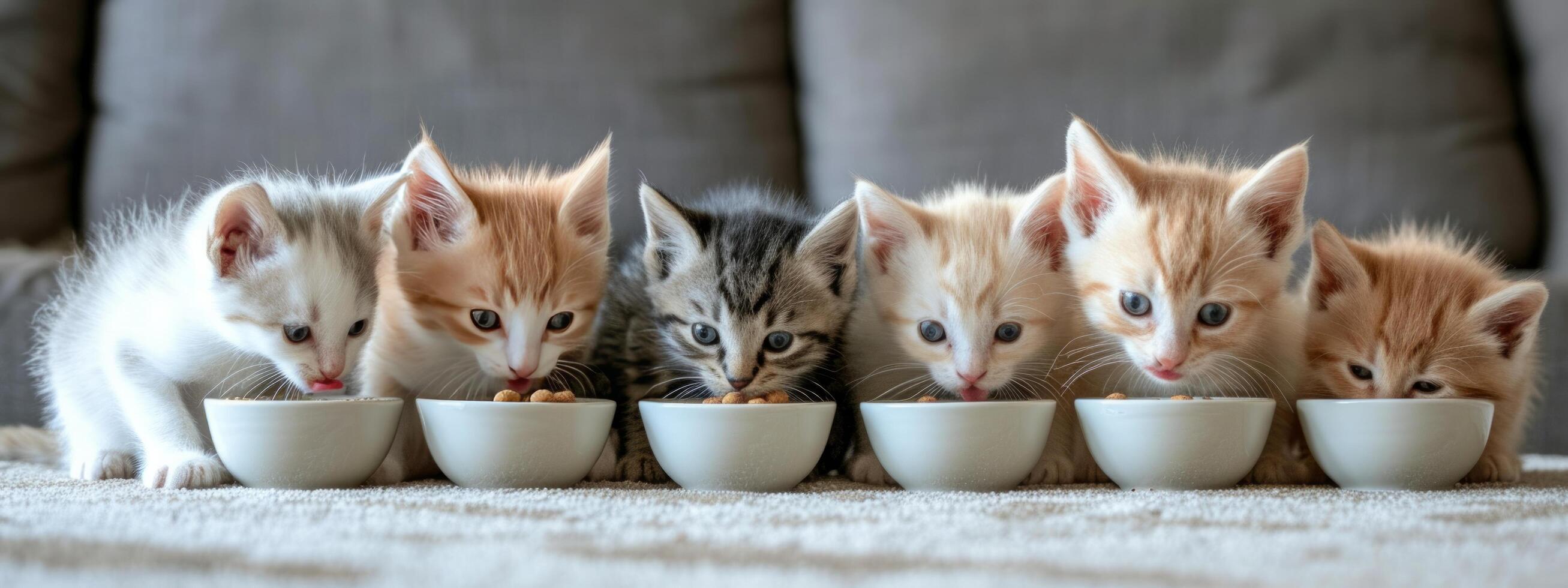 ai gegenereerd zes klein kittens eten voedsel uit van een kom foto