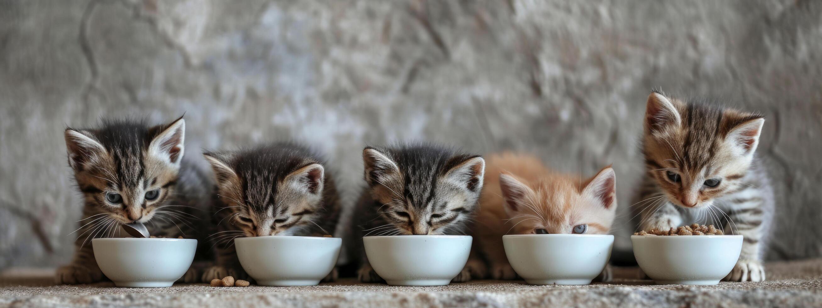 ai gegenereerd zes klein kittens eten voedsel uit van een kom foto