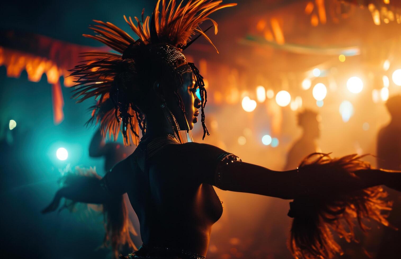 ai gegenereerd carnaval dansen meisje Aan een stadium Bij nacht foto