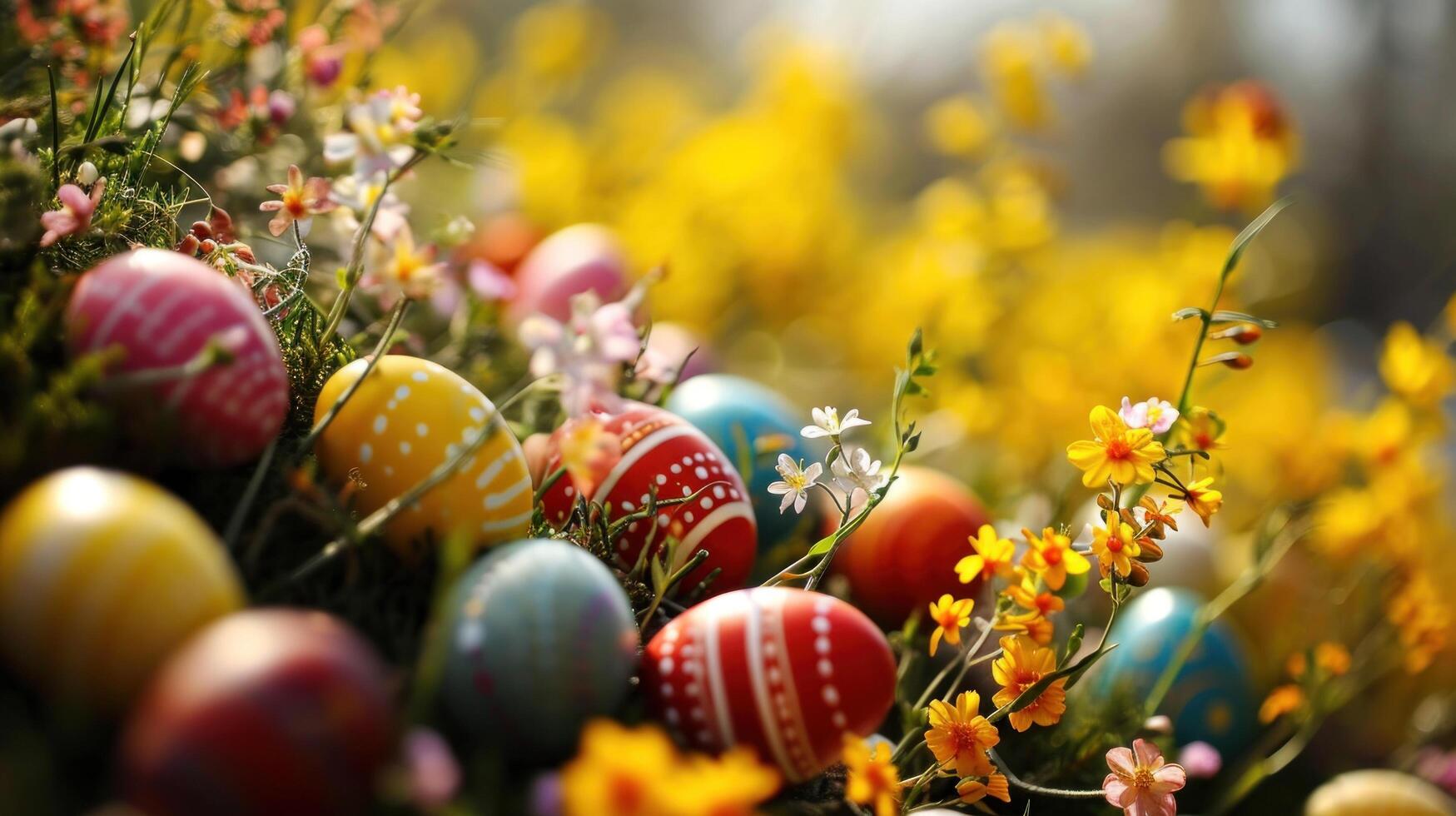 ai gegenereerd Pasen met een explosie van bloeiend bloemen aangevuld foto