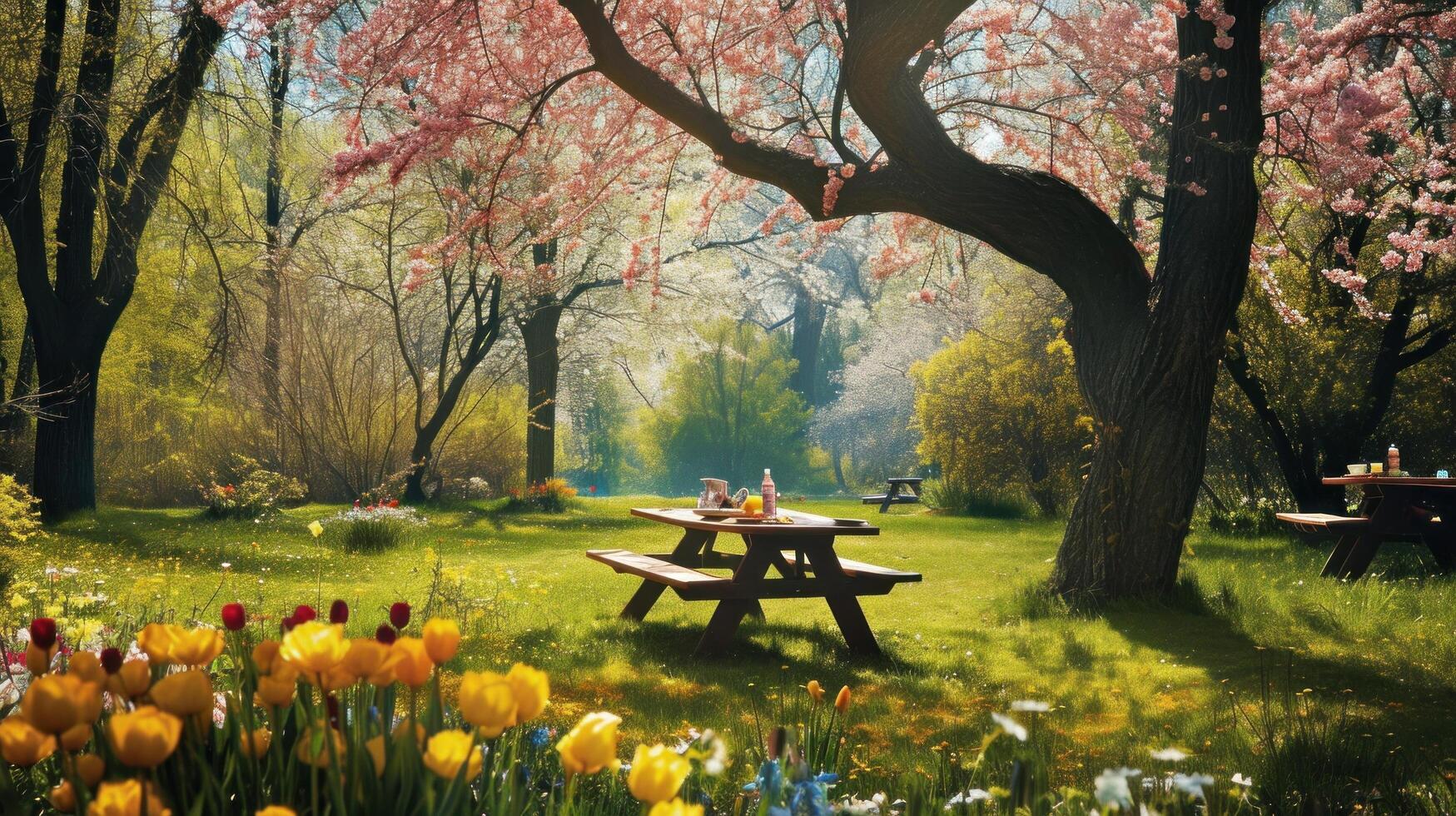 ai gegenereerd lente picknick omringd door bloeiende bomen en kleurrijk bloemen foto