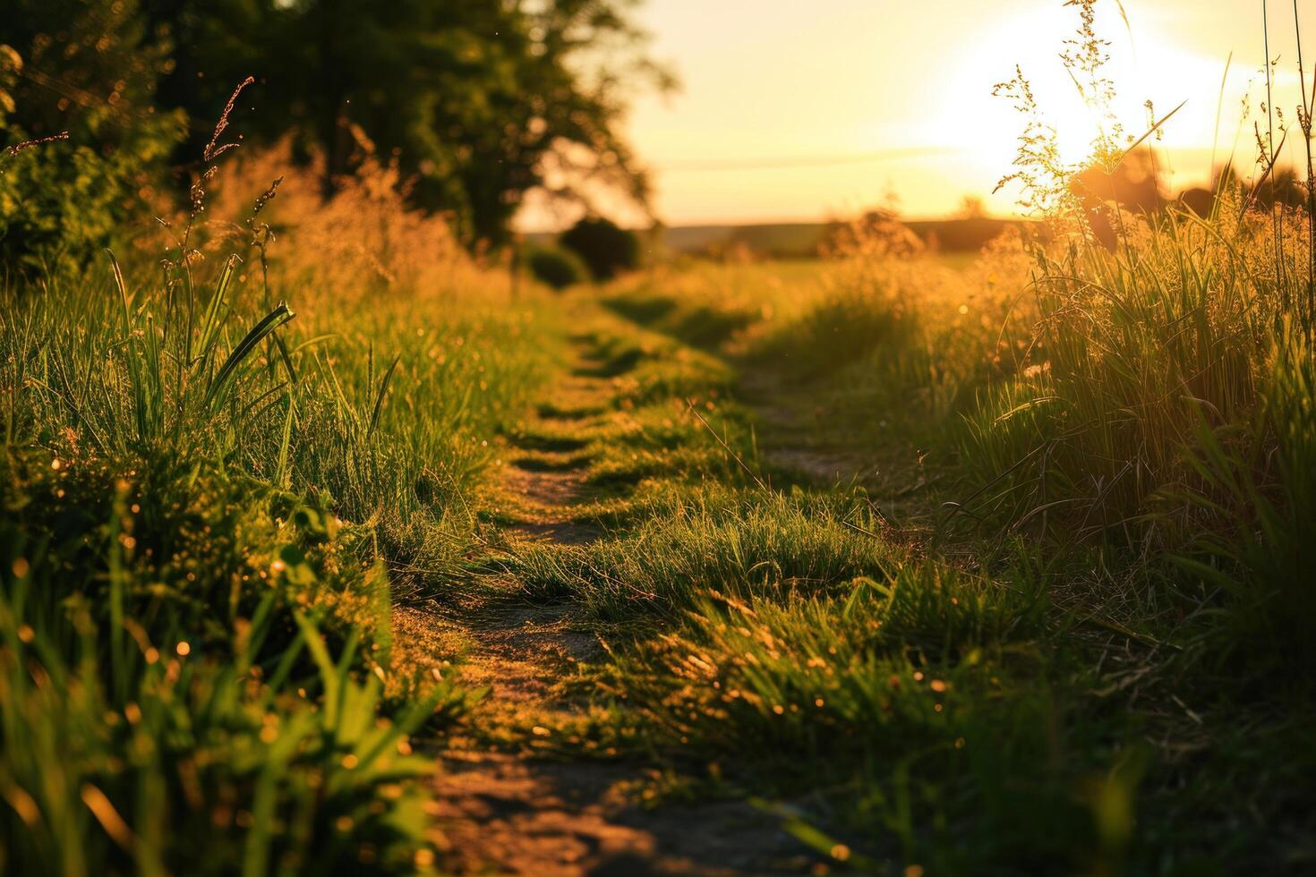 ai gegenereerd pad leidend naar groen velden zonsondergang foto