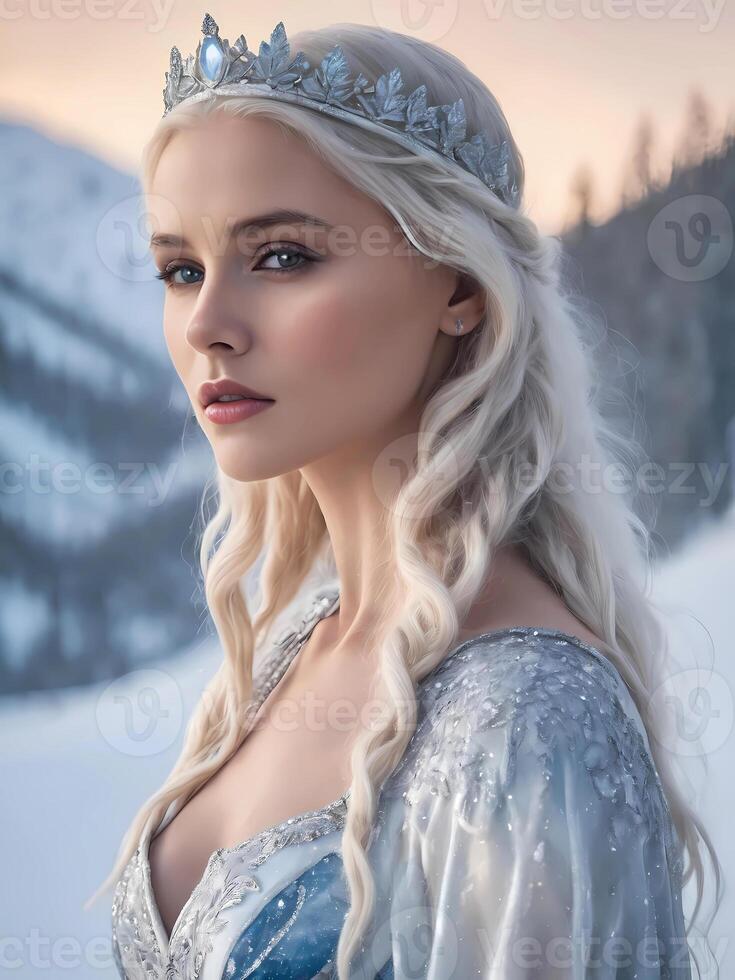 ai gegenereerd mooi sneeuw koningin met kroon en lang blond haar- in de winter foto