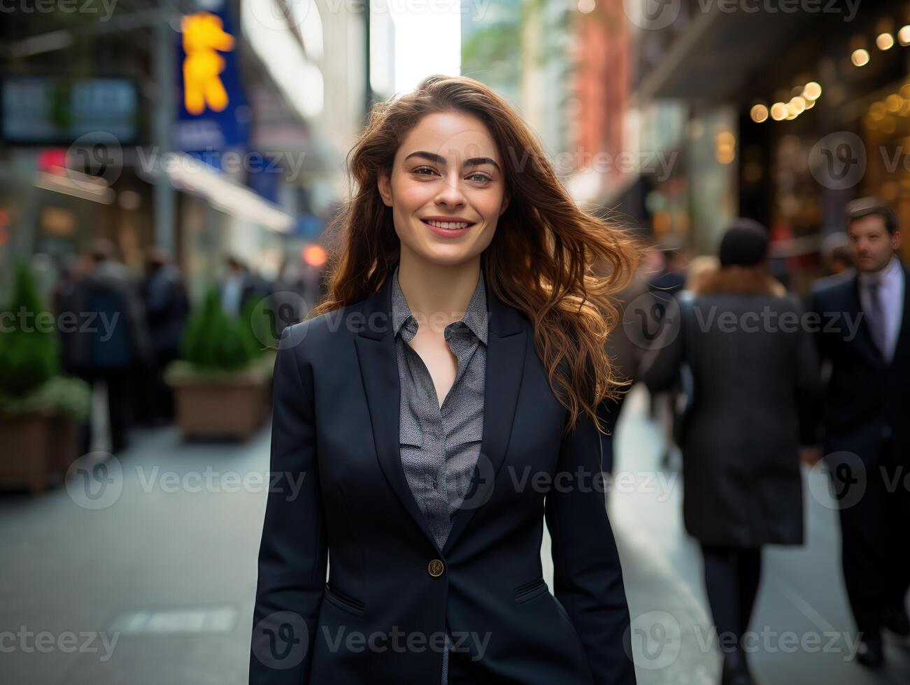 ai gegenereerd vers en energiek 22 jaar oud bedrijf vrouw in een pak, lopen straat foto