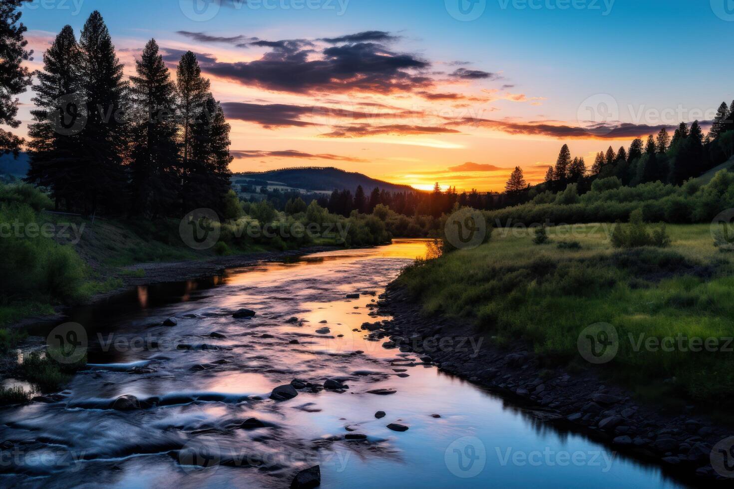 ai gegenereerd vredig rivier- buigen in schemering foto