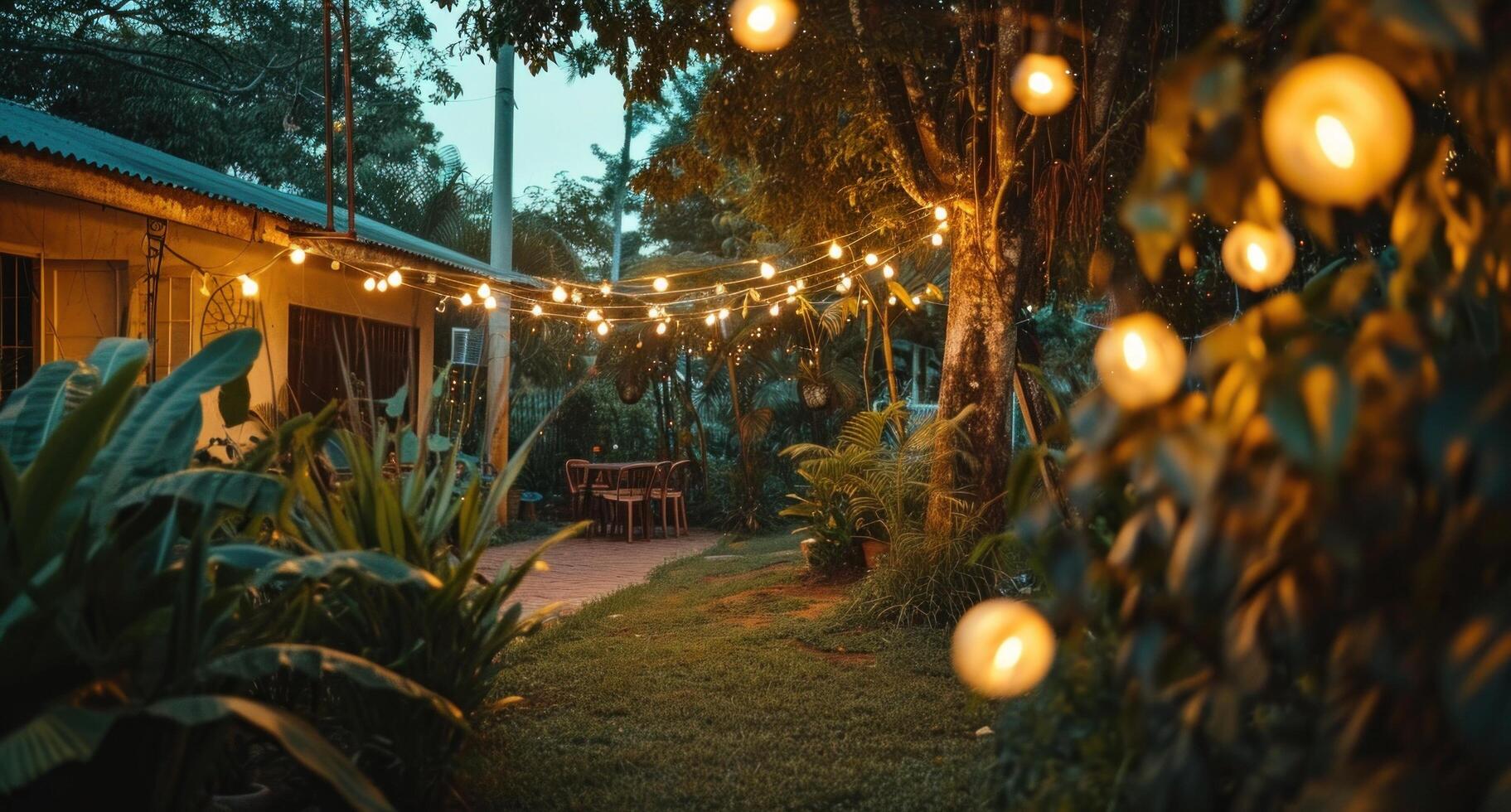 ai gegenereerd licht bollen hangende van de boom. foto