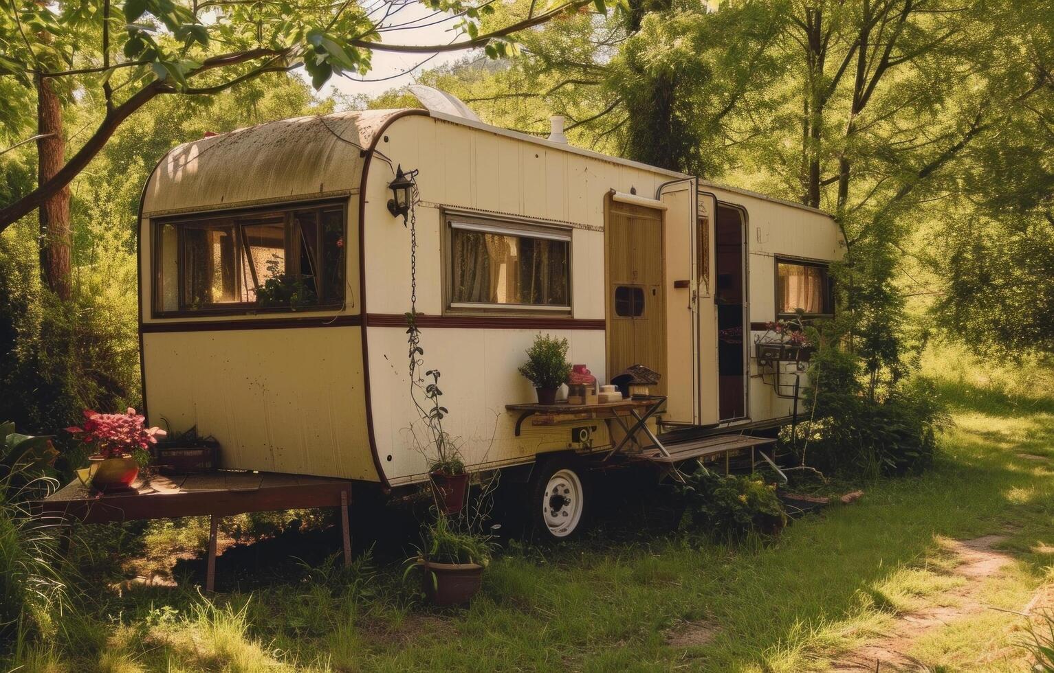 ai gegenereerd een appartement aanhangwagen gelegen buiten in een park, in de stijl van naturalistisch charme foto