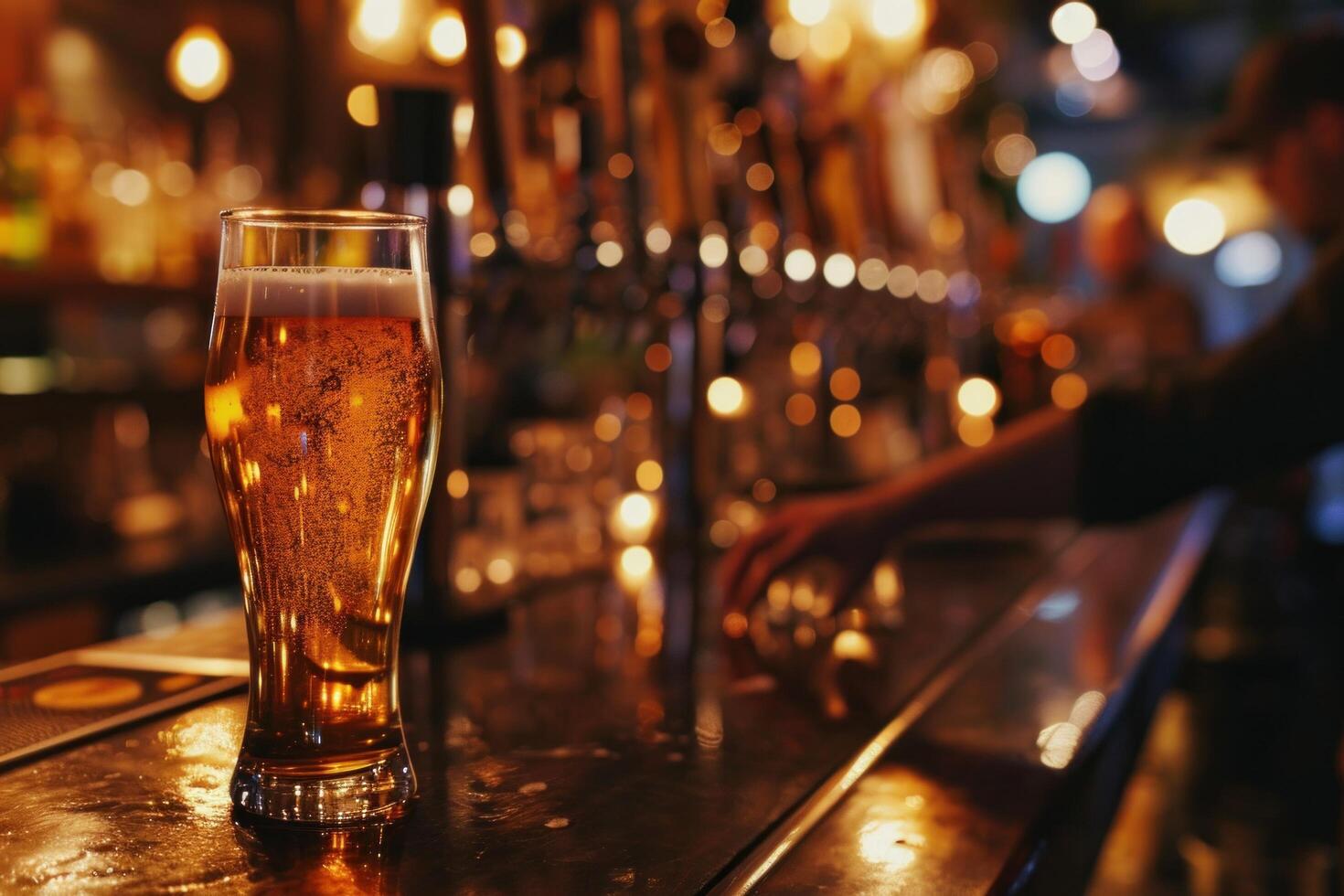 ai gegenereerd barman presenteert een glas van bier naar de barman Aan plicht foto