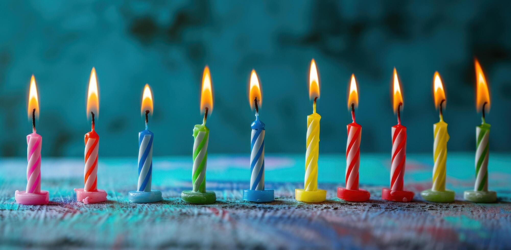 ai gegenereerd een rij van brandend verjaardag kaarsen bekleed omhoog Aan een blauw achtergrond foto