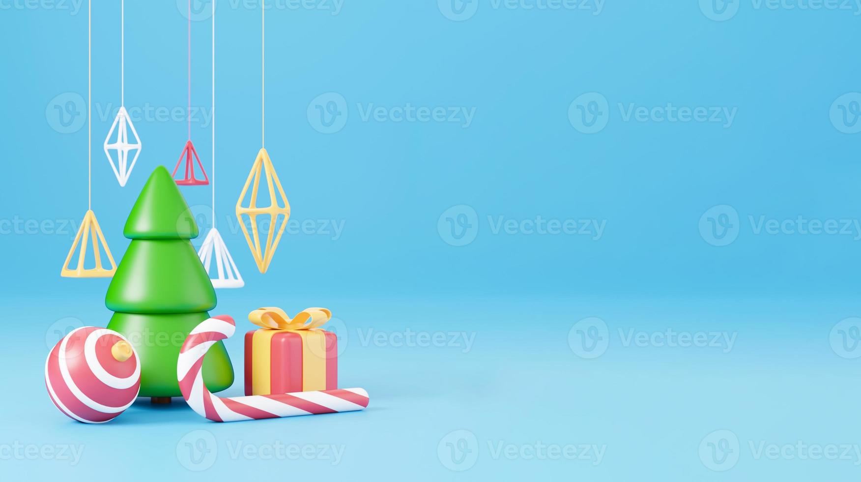 nieuwjaar en kerst 3D-ontwerp. realistische geschenkdoos, kerstspar, bal, snoep en decoratieve elementen vakantiebanner. 3D render afbeelding van kerstvakantie foto