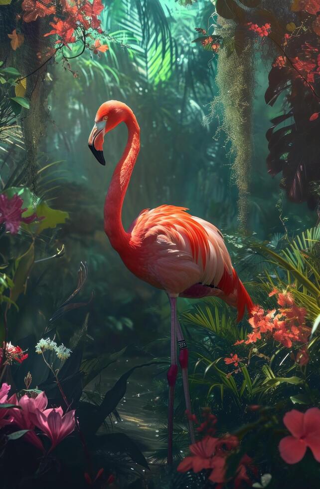 ai gegenereerd een roze flamingo in de oerwoud foto
