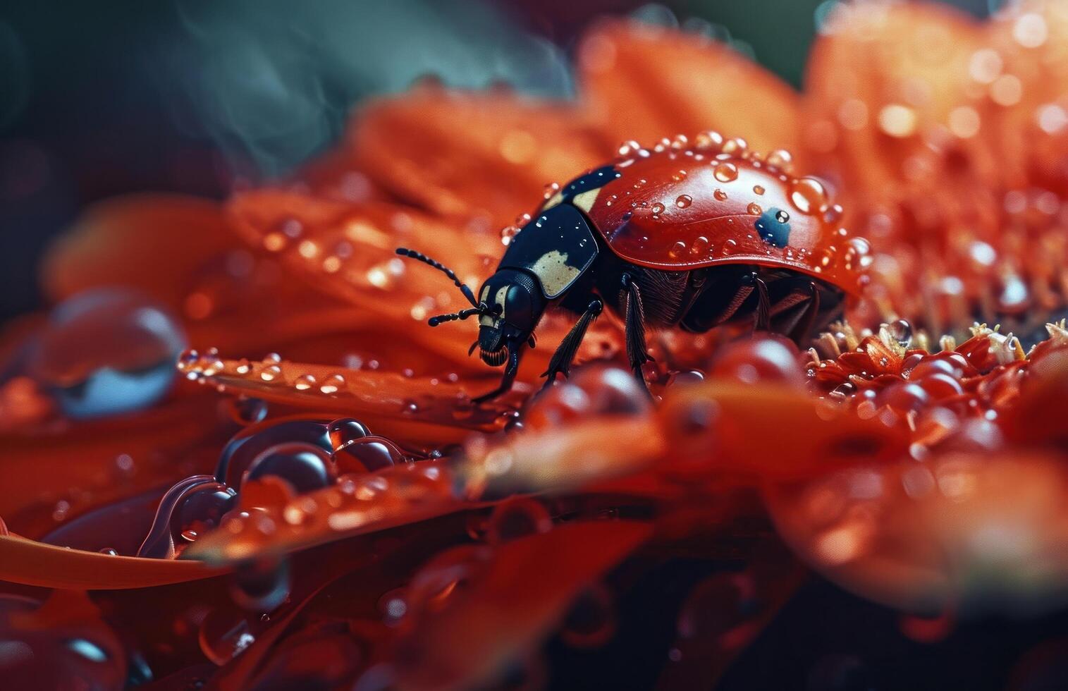 ai gegenereerd een rood dame kever is zittend Aan top van een rood bloem foto