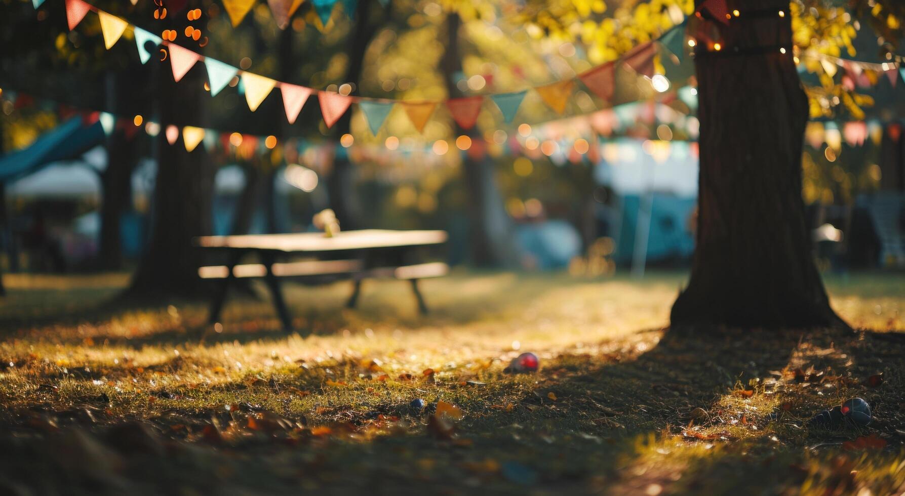 ai gegenereerd een leeg ruimte in de park met een tafel en sommige vlaggedoek foto