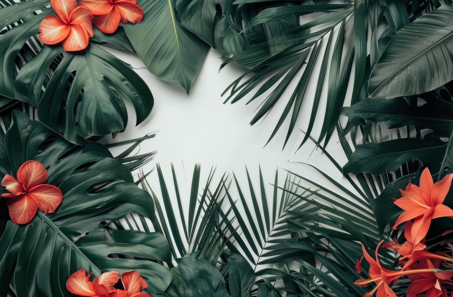 ai gegenereerd een beeld van een kader met palm bladeren en bloemen foto