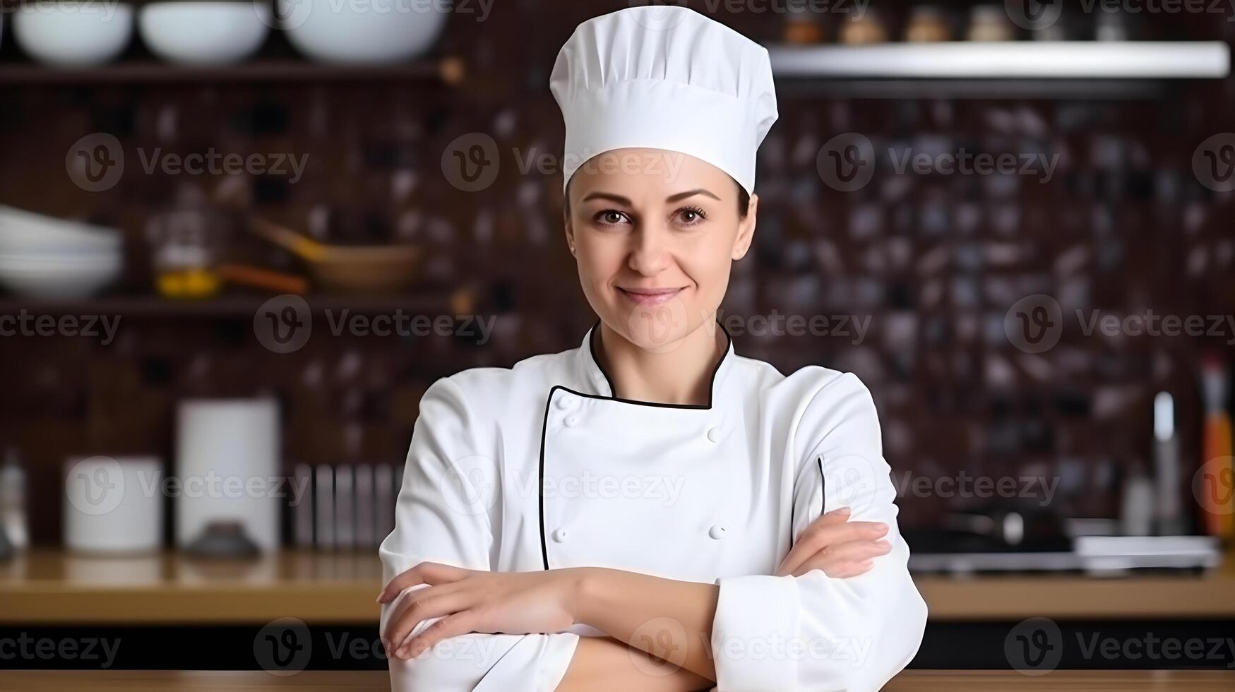 ai gegenereerd mooi vrouw chef met glimlach in een restaurant foto