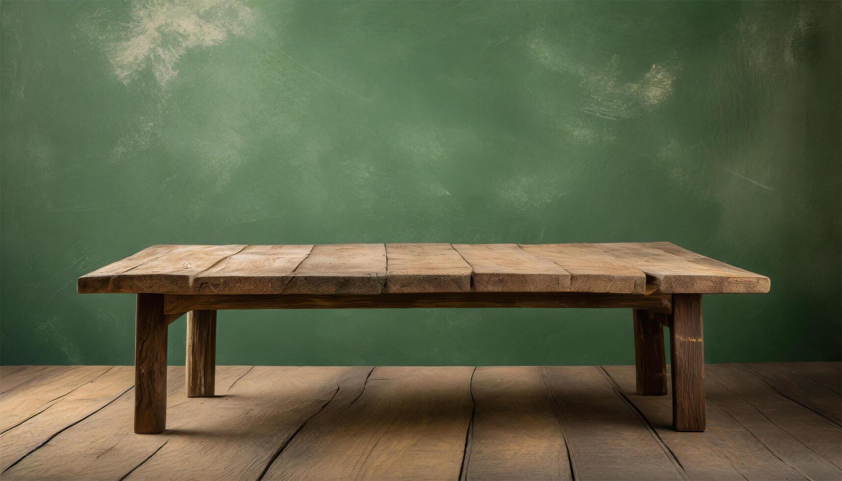 ai gegenereerd leeg houten tafel met groen schoolbord achtergrond. klaar voor Product Scherm montage foto