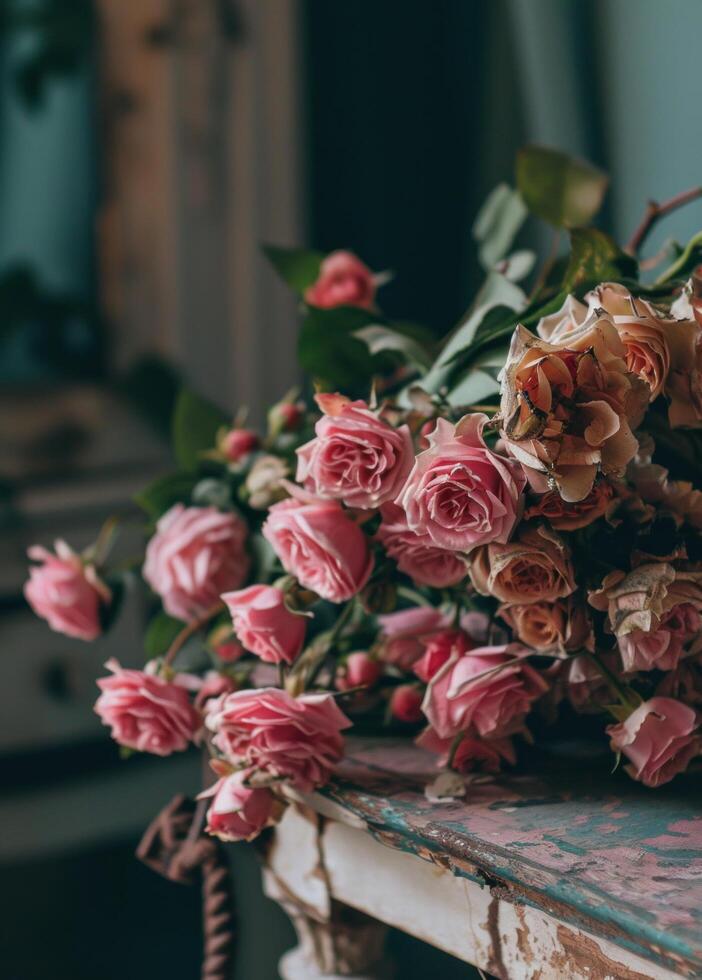 ai gegenereerd roze roos boeket Aan de kant van een tafel foto