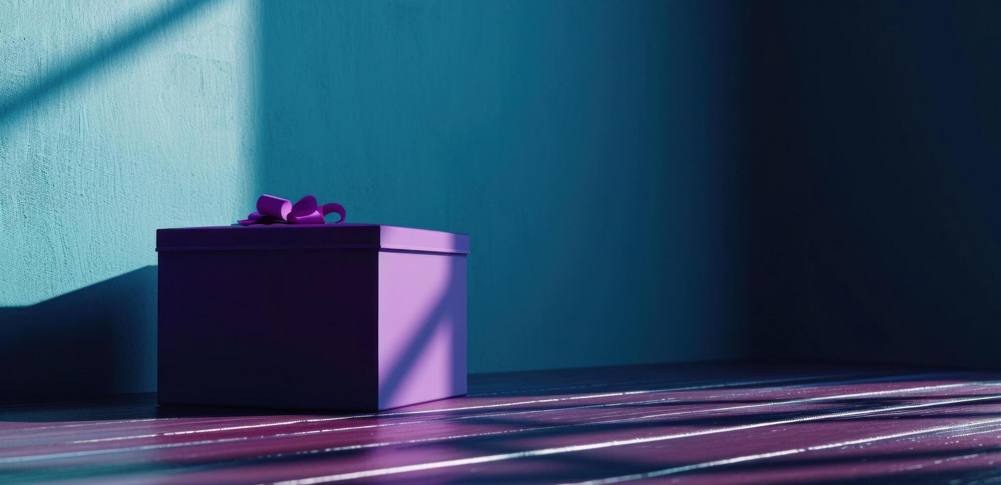 ai gegenereerd Purper geschenk doos Aan houten verdieping in voorkant van een blauw Purper achtergrond foto