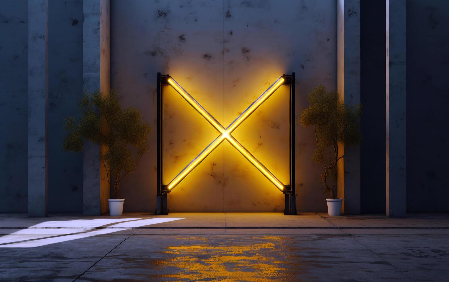 beton elegantie 3d renderen van geel x-ingelijst licht in de buurt pijlers en hek foto