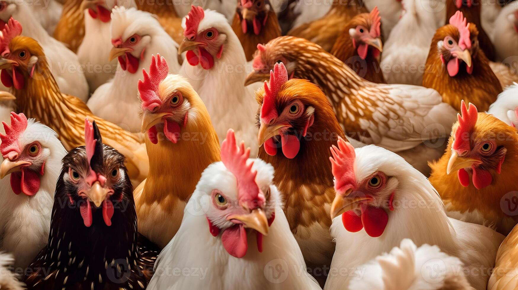 ai gegenereerd een veel van kippen aan het wachten naar worden gevoed omhoog, ze zijn op zoek Bij de kijker, neurale netwerk gegenereerd fotorealistisch beeld foto