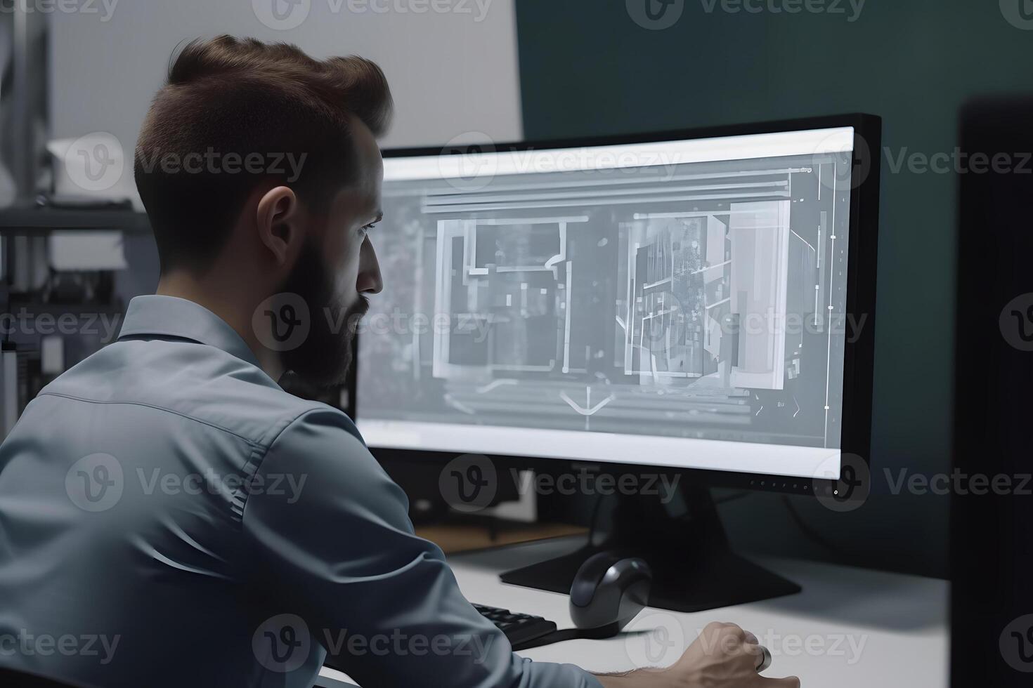 ai gegenereerd over- de schouder visie van een ingenieur werken met cad software gebruik makend van groot computer scherm, neurale netwerk gegenereerd fotorealistisch beeld foto