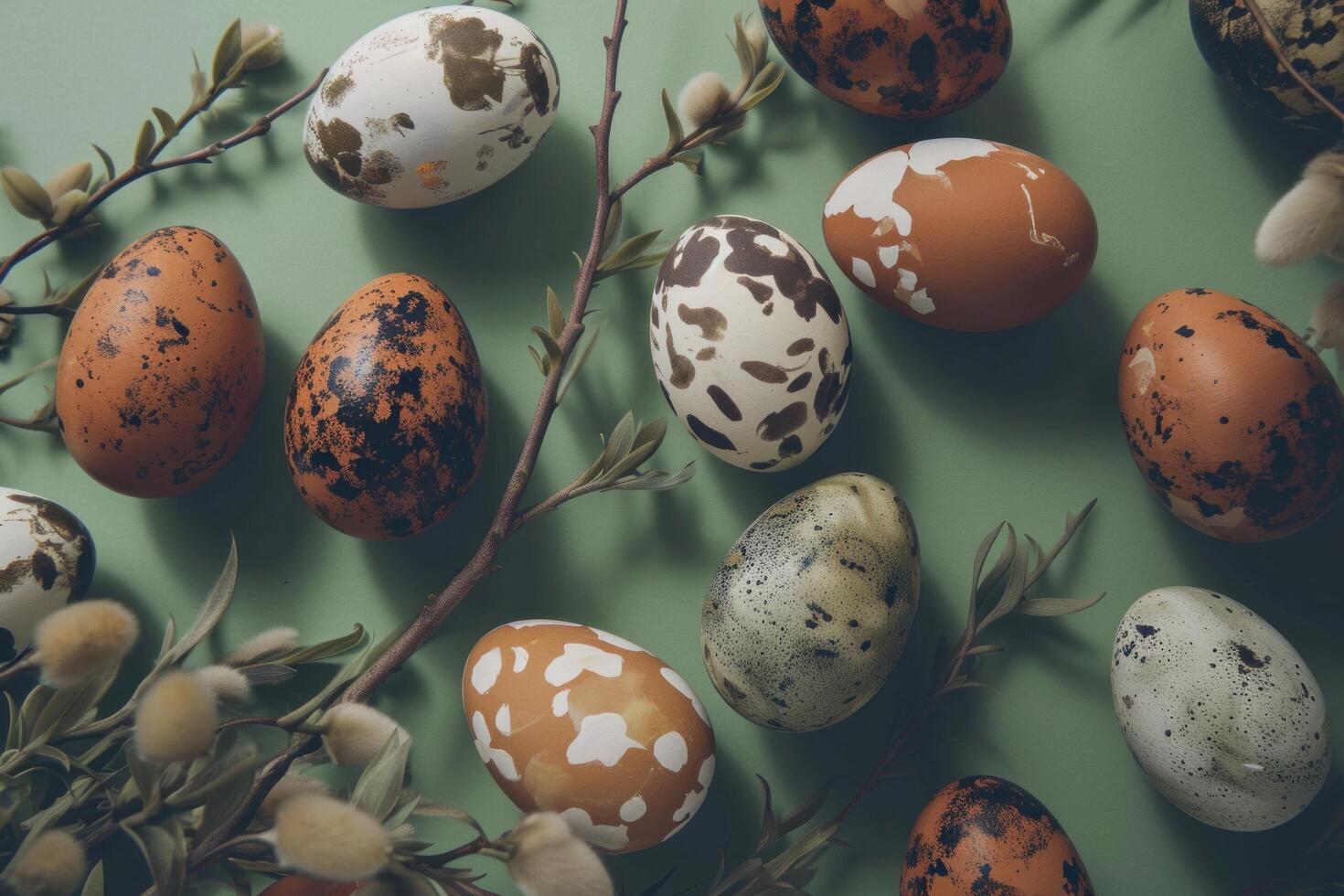 ai gegenereerd Pasen eieren Aan een groen achtergrond, bloemen motieven foto