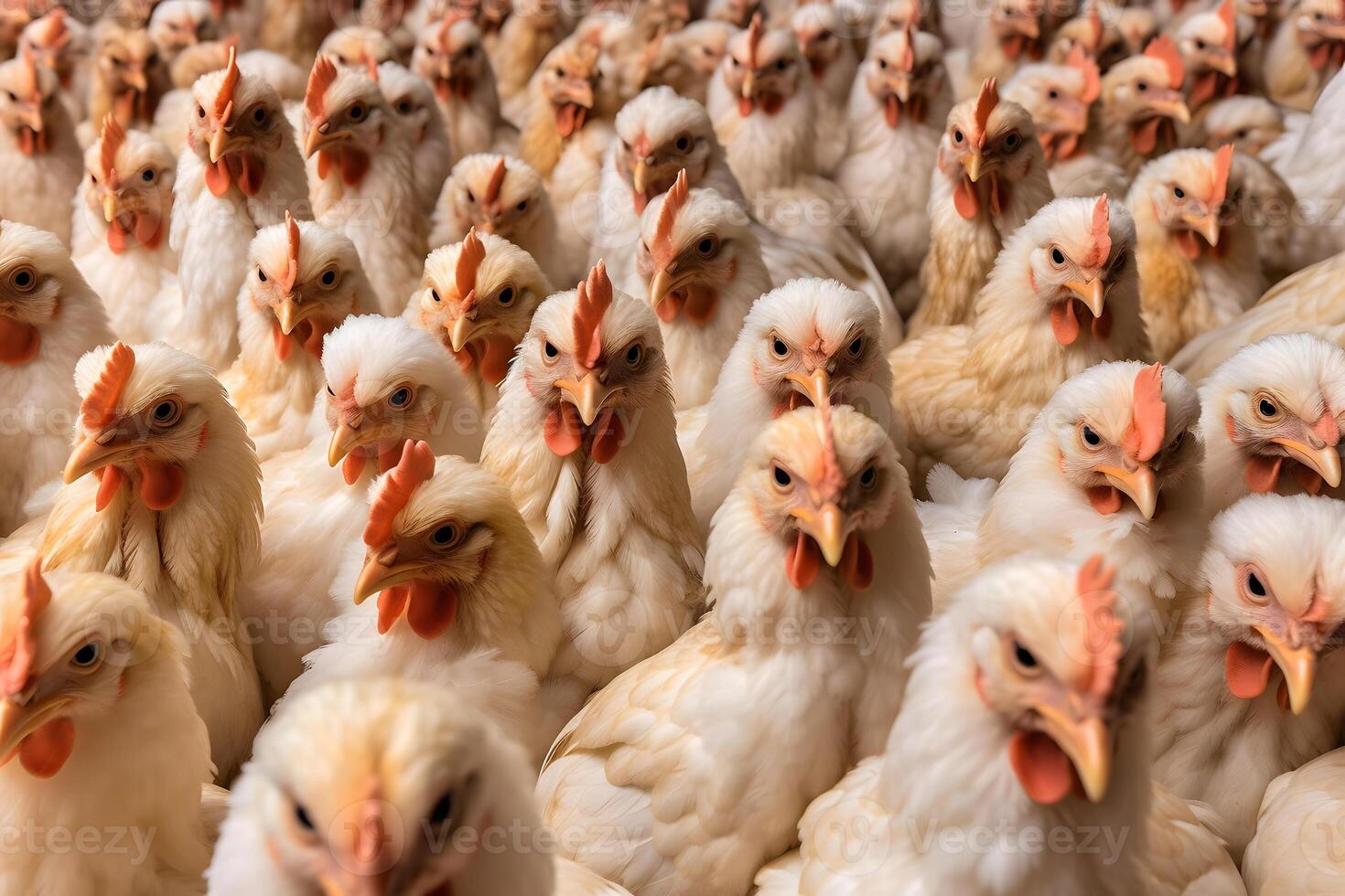 ai gegenereerd een veel van kippen aan het wachten naar worden gevoed omhoog, ze zijn op zoek Bij de kijker, neurale netwerk gegenereerd fotorealistisch beeld foto