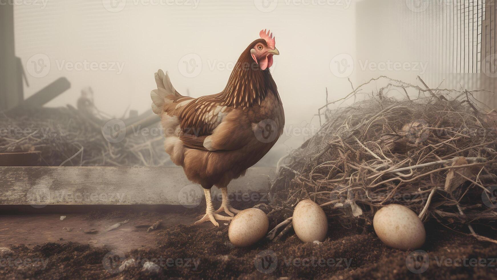 ai gegenereerd erfstuk eieren. een bruin kip met eieren staand De volgende naar het, Bij nevelig ochtend, neurale netwerk gegenereerd fotorealistisch beeld foto